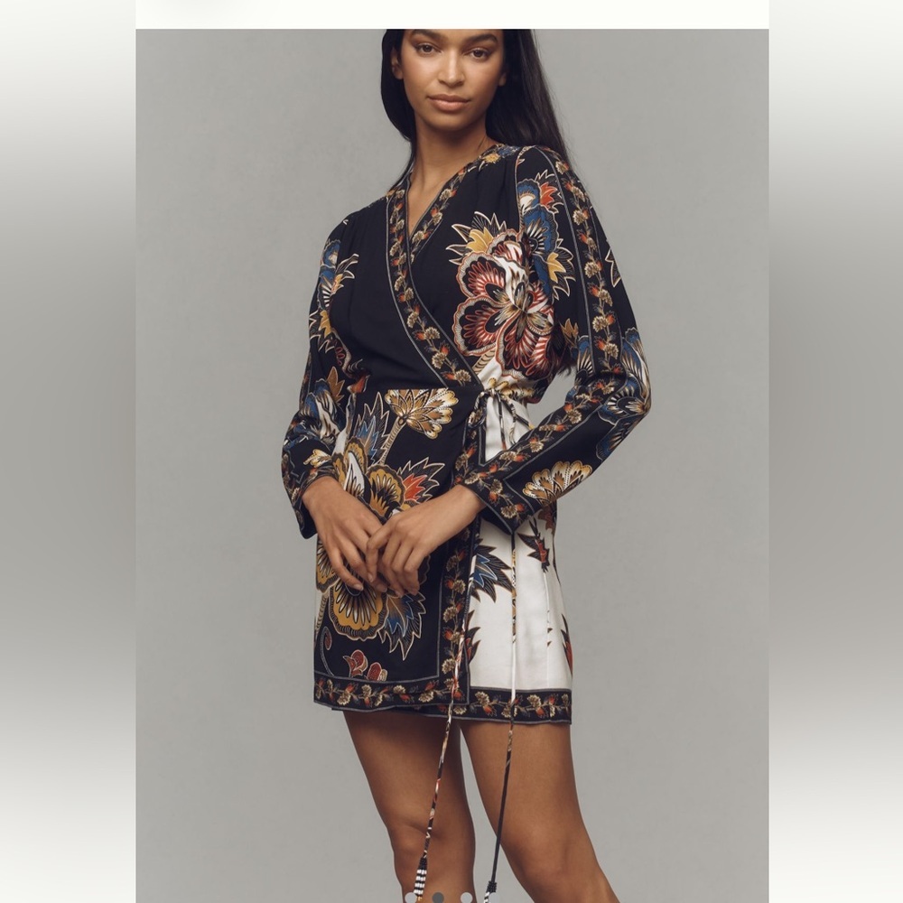 NWT Anthropologie x FARM Rio Maxi Black Floral Wrap Mini Dress Women’s Medium - Picture 2 of 12